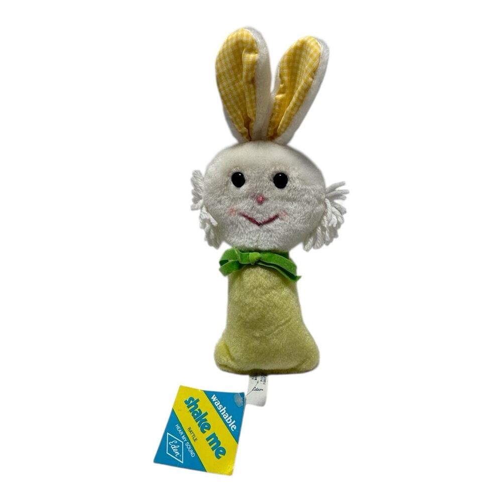Vintage NEW Eden Yellow Bunny Rabbit Plush Rattle Baby Toy Green Bow